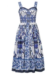 Robe de deux pièces Été Hoday Bleu et Blanc Porcelaine Fleur Impression Coton Femmes Spaghetti Sangle Fermeture Éclair Élastique Dos Nu Midi Robes 230505