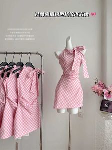 Robe en deux pièces Summer coréen Fashion Mini Plaid Femmes 2000s Sweet Shevel Sleeved Roules Party