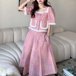 Tweede stuk jurk zomer Koreaanse roze vrouw 2 stuks set korte mouw kleine crop top lagen jas vintage a-line midden eenvoudige rokpak