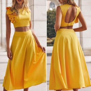 Deux pièces robe été longue robe ensembles femmes deux pièces ensemble vacances Sexy hauts et jaune jupe costume Boho hors épaule robe robe De Mujer 230428