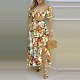 Tweede stukjurk zomer off schouder geprinte split rok tweedelige set strand feest strand outfits voor vrouwen conjunto elegante mujer roupas 230512