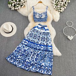 Tweedelige jurk Zomer Runway Blauw en wit porselein Outfits Dames Korte crop top met spaghettibandjes Lange maxirok Vakantie 2-delige set 2023