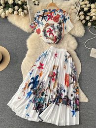 Deux pièces robe été piste plis imprimé floral ensemble femmes demi-col haut Stretch Top taille élastique longue jupe plissée tenues 230607