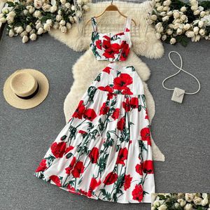 Tweede stukjurk zomerbaan sicilië bloemen matching outfits dames korte spaghetti riem crop top long maxi vakantie rok 2 set dro dhfax