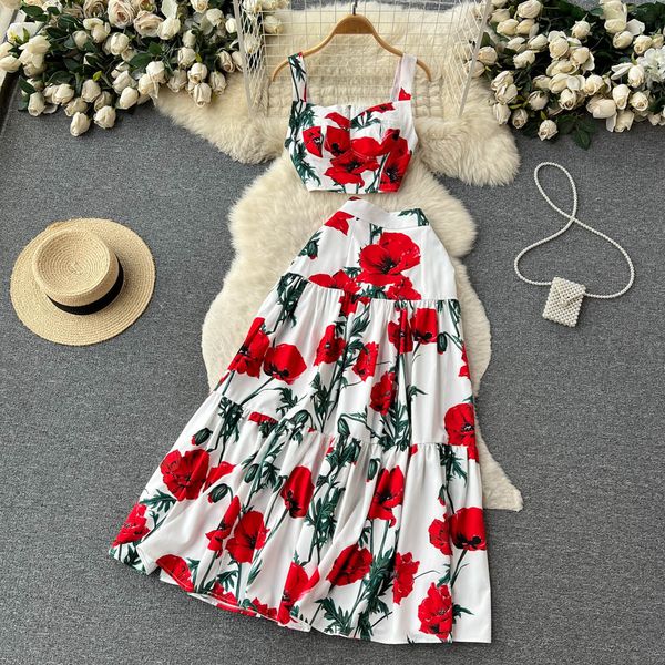 Deux pièces robe été piste Sicile Floral correspondant tenues femmes court Spaghetti sangle haut court longue Maxi vacances jupe 2 pièces ensemble 2023