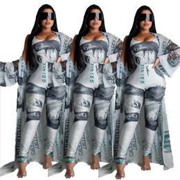 Robe de deux pièces Été Femmes Dollar Imprimer Costume 3 Pièces Robe Survêtements Bodysaddpantsaddcoat PCS Leggings Fitness Outfit Drop De Dhenx