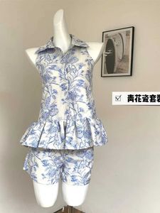 Tweede stuk kleding zomer vrouwen oud geld Chinese vintage mori outfits 2 shorts set luxe esthetisch vest + klassieke elastische taille Q240511