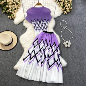Tweedelige jurk Zomer Dames 2 stuks Sets Informeel Vintage Gestreept Print Opstaande kraag Vest Tees Midi Plooirok Past 2-delige outfits 2023