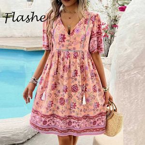 Tweede stuken zomer dames casual v-neck korte mouwen a-line bloemenprint mini-jurk Boheemse vakantie strand zonsondergang 2024 Q240511