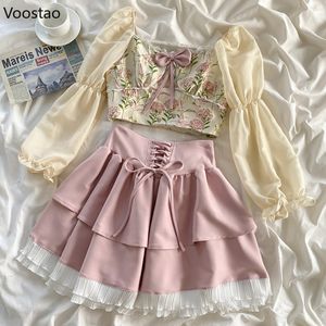 Tweedelige jurk Sweet Lolita rokset dames elegant Frankrijk strik vierkante kraag blouse met bladerdeeg mouwen crop tops roze ruches minirok vrouwelijk pak 230629