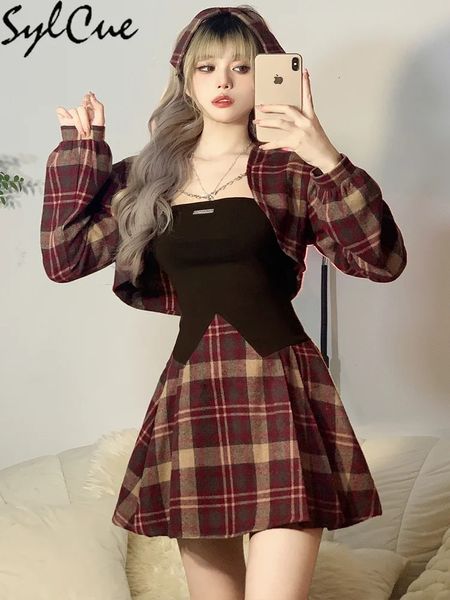 Robe de deux pièces Sylcue Rétro Texture avancée Tendance classique Plaid Belle mature Glamour Party Queen Extravagant Femmes Jupe tricotée Costume 231212