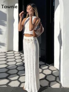 Tweedelige jurk Tawnie Summer Breated Dress Sets Women Bodycon Hollow Out Crop Tops Midi Rok 2 -delige set Sexy Beach Outfits Y2K Clothing 230421