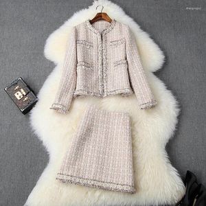 Robe de deux pièces Tesco Blazer costume ensemble pour dames jupe de perle blanche bureau dame tweed femmes fête Ropa de Mujer