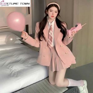 Robe deux pièces Décoration de cravate Chemise blanche Blouse Slim Fit Veste rose Blazer Mini jupe plissée Trois pantalons élégants pour femmes Ensemble tenues