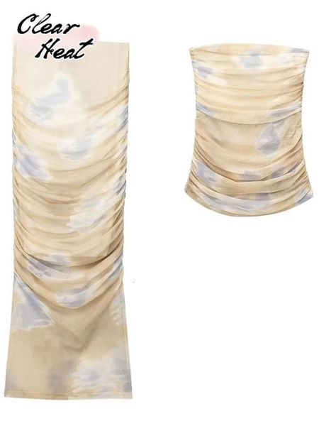 Robe de deux pièces Tie Dye Drapé Jupe Ensembles Pour Femmes Sexy Dos Nu Bustier Tube Tops Plissé Tulle Midi Jupe Été Streetwear Slim Costume 230629