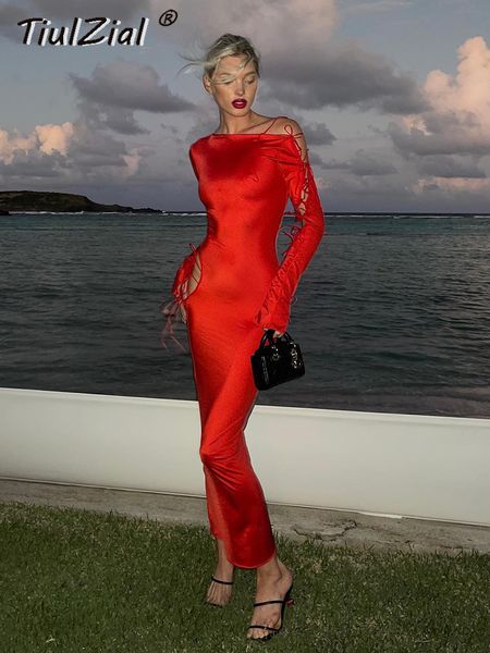 Robe de deux pièces Tiulzial rouge évider bandage extensible sexy midi 2023 club fête à manches longues moulante femmes événement vêtements de nuit tenues 230505