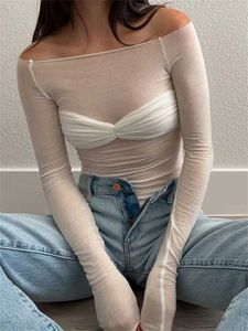 Tweede stuk jurk goeibele gaas pure off-shoulder top shirt voor vrouwen nieuwe nieuwe lange mouw doorzichtige kant kanten gebreide pullover tops zomer tee q240511