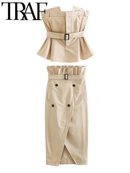 Robe deux pièces TRAF jupes plissées pour femmes ensemble mode coréenne avec ceinture dames Slim Crop débardeur Bustier jupe longue Y2K chemise 2 pièces ensemble 230421