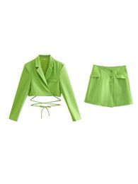 Deux pièces robe TRAF femmes mode deux pièces costume laçage recadrée Blazer manteau avec poches bouton ajusté Mini jupe Streetwear 230306