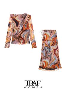 Tweede stuk TRAF TRAF Women Fashion met gedrapeerde geprinte tule blouses en hoge taille gebonden rokken vrouwelijke sets mujer 230509