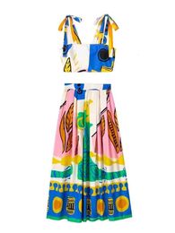 Vestido de dos piezas Traf Mujeres Faldas Midi Plisadas Conjuntos Moda Impresión Mujer Traje Crop Top Casual Conjunto suelto Trajes para mujer 230509