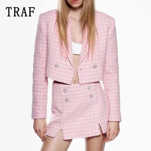 Tweede stuk TRAF TRAF VROUWEN SPROUWEN MET ROK SETS PARELE KNOP Gescheurd Blazer Woman 2 stuks Plaid Jacket Suit Mini Skirts vrouwelijke set 230822