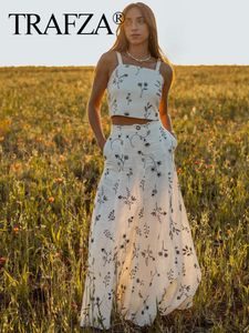 Tweedelige jurk TRAFZA Dames zomerrok past bedrukt mouwloos rugloos crop camis en trekkoord ALine 2-delige set voor 230630