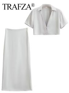 Tweedelige jurk TRAFZA Dames zomermode casual streetwear zilver hoge taille slanke halve rok button-up shirt top pak vrouwelijk 230630