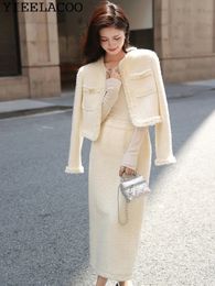Robe deux pièces Tweed veste jupe costume blanc mode ensemble professionnel minceur femmes automne hiver 2 pièces 231018