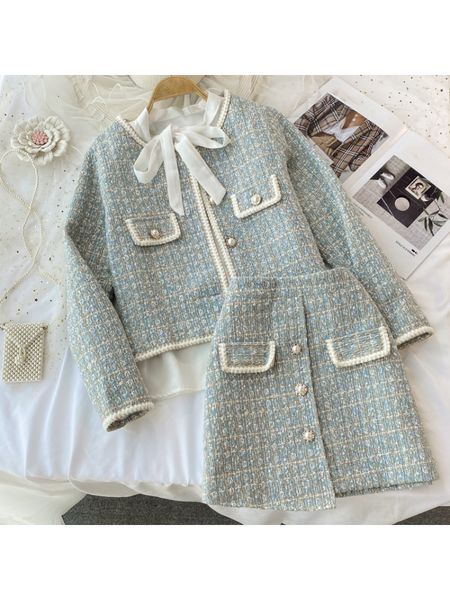 Robe deux pièces Tweed Cardigan court Veste Jupe irrégulière Blanc Chemise à manches longues à lacets Costume trois pièces Femme Printemps Style britannique 221122