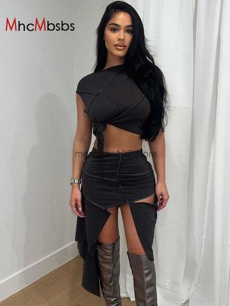 Vestido de dos piezas Conjunto de dos piezas Mujeres Ripped Grunge Outfits Sexy sin mangas Slim Crop Top + Cintura alta Cut Out Midi Faldas 2023 Spring Fall Y2K Suit T230510