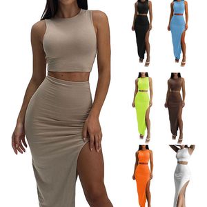 Tweedelige jurk Tweedelige rokset damespak y2k-kleding Zomer sexy outfit Bijgesneden top en splitrok Chique elegante vrouwelijke kleding 230620