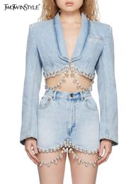 TWOTWINSTYLE Gesplitste Diamanten Kwastje Denim Set Voor Vrouwen Revers Lange Mouw Jas Hoge Taille Mini Rok Mode 2023 231116