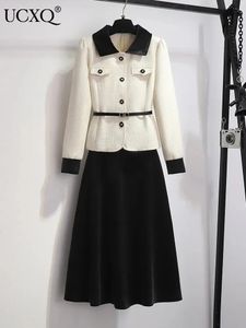 Robe de deux pièces UCXQ noir blanc contraste Elegan femmes 2 pièces ensemble avec ceinture Tweed veste taille haute mode jupe automne hiver 3A5179 231205