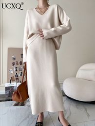 Robe deux pièces UCXQ femmes Maxi jupe ensemble tricot élégant solide taille haute coupe ample automne mode 23KX722 221010