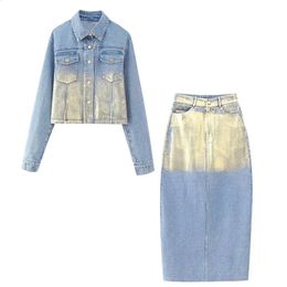 Tweedelige jurk UNIZERA herfst damesmode slim fit metalen korte denim jasje hoge taille split half mouw casual set 231118