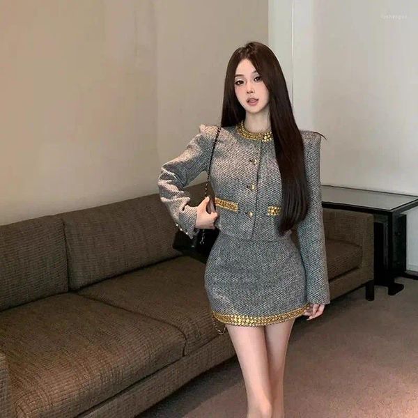 Vestido de dos piezas UNXX Elegante Otoño Gris Mini traje ajustado corto Falda Abrigo de un solo pecho Trajes de 2 piezas Trabajo Conjunto de mujer de tweed de negocios