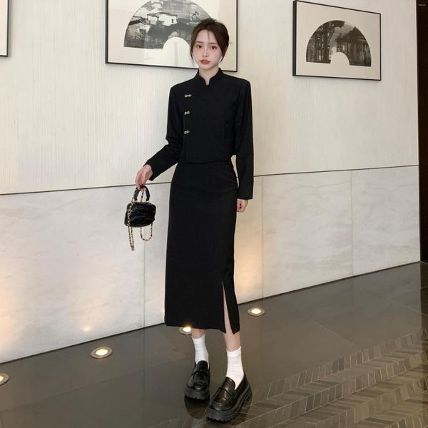 Vestido de dos piezas UNXX Talla grande Chica gorda Estilo chino Recortado Mini traje Conjunto Mujeres 2023 Blazer negro Falda lápiz Office Lady Fashion
