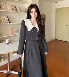 Robe de deux pièces UNXX Plus Taille Femme Automne Hiver Col Pétale Français Double Boutonnage Blazer Veste Taille Élastique Jupe Midi Âge Réduire