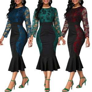 Tweede stuk kleding Vestidos jurken voor vrouwen elegant kanten patchwork kleurblok met lange mouwen visstaart zoom bodycon midi feest 220830