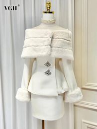 Robe de deux pièces VGH solide élégant ensemble pour femmes Slash cou à manches longues manteau taille haute une ligne jupe tempérament ensembles mode féminine 231129