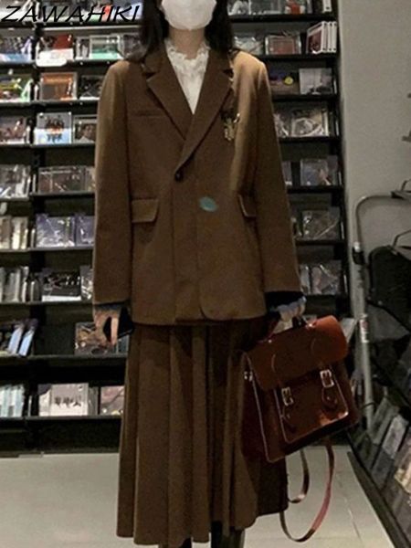 Deux pièces robe Vintage marron costume manteaux jupe mi-longue femmes ensembles des années 90 rétro Blazer col rabattu vestes boutonnées femmes automne plissé 230222