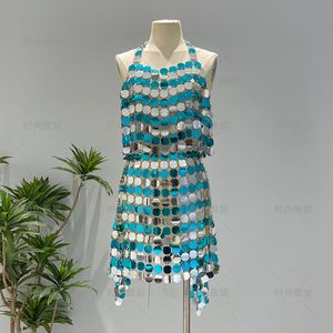 Tweedelige jurk Vintage spiegel body chain halter gehaakt topje met lovertjes schijf kwastje minirokken 2 bijpassende set 230830