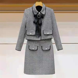 Deux pièces robe Vintage Plaid laine deux pièces ensemble femmes manteau court perles Bowknot Tweed veste taille haute jupe ensembles automne hiver costumes OL 220906