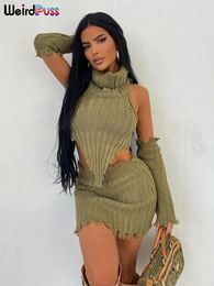 Robe Deux Pièces Bizarre Puss Crochet Chic Femmes Sexy 3 Set Col Roulé Esthétique Débardeur Manches Mini Jupes Correspondant Y2K Tendance Streetwear 230303