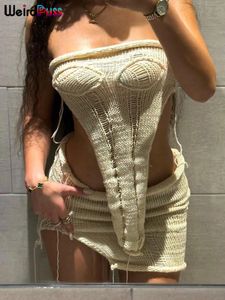 Robe Deux Pièces Bizarre Puss Crochet Sexy Femmes 2 Pièces Ensemble Sans Manches Irrégulier Tube Tops Gland Maigre Col Bas Jupe Clubwear Tenues Assorties 230629