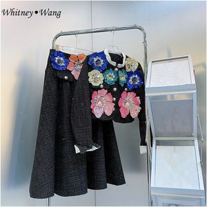 Robe Deux Pièces WHITNEY WANG Designer Style Printemps Mode Streetwear 3D Florals Manteau et Jupe Femmes 2 Pièces Ensembles 230302