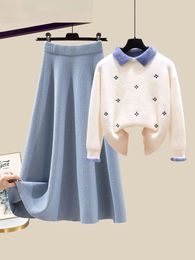 Vestido de dos piezas Vestido de mujer de dos piezas de punto de invierno Conjunto de falda de suéter bordado de manga larga con solapa informal coreana 231129