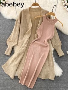 Tweede stuk jurk Winter S -pakken Lange mouw gebreide vest vesting Coat Solid Elastic Style Casual 2 Set Outfits 221122