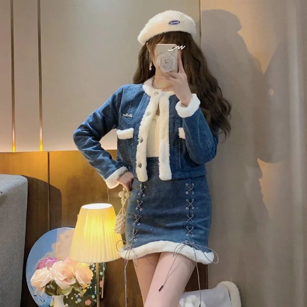 Robe de deux pièces hiver jupe vintage ensembles femmes mode denim vestes courtes et taille haute jean mini jupes fille sexy ensemble 231005